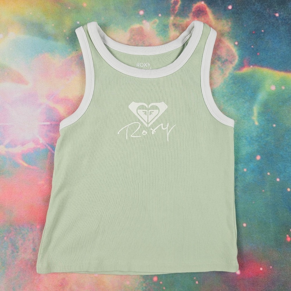 Roxy Girls Ribbed‎ Tank Top Green White Trim Logo